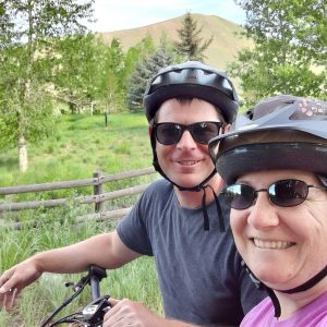 Biking a paved trail near Sun Valley Had been asked to go work in their hospital for a day so made a family trip out of the deal